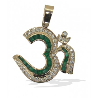 Om Pendant in Gold with Emeralds and Diamonds